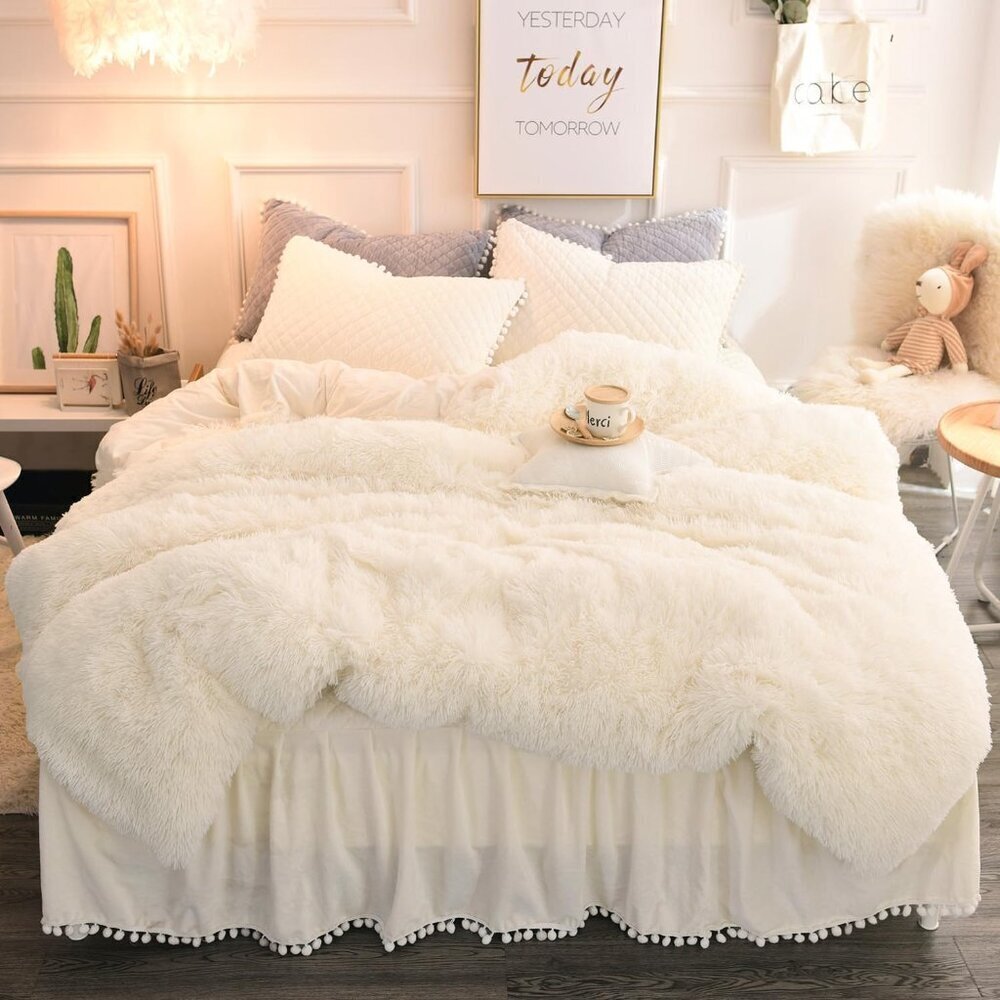 Plush Faux Fur Duvet Cover Queen Size 3 Piece Bedding